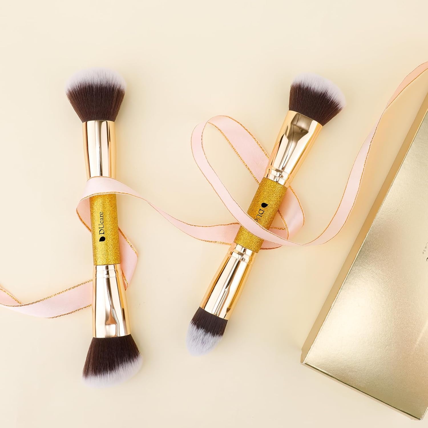 2Pcs Duo End Makeup Brushes, Synthetic Bristle Foundation Powder Buffer & Contour Brush Set, Dual Sided Face Brushes for Blending Concealer Bronzer Highlighter